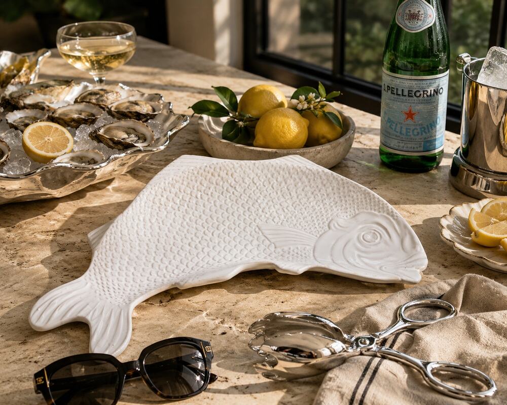 Vintage White Portuguese Ceramic Fish Serving Platter Made in Portugal